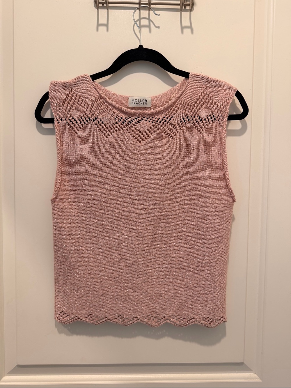 Molly Bracken Knit Tank Top
Size S Pink Metallic
Scalloped Hem